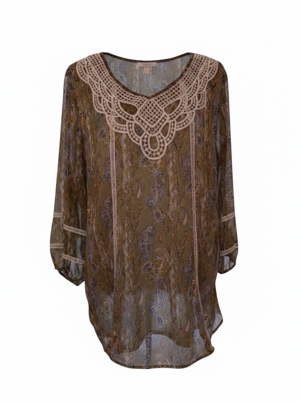 KRAZY KAT Boho Cottagecore Inspired Blouse Crochet Details in Olive Green SZ XL